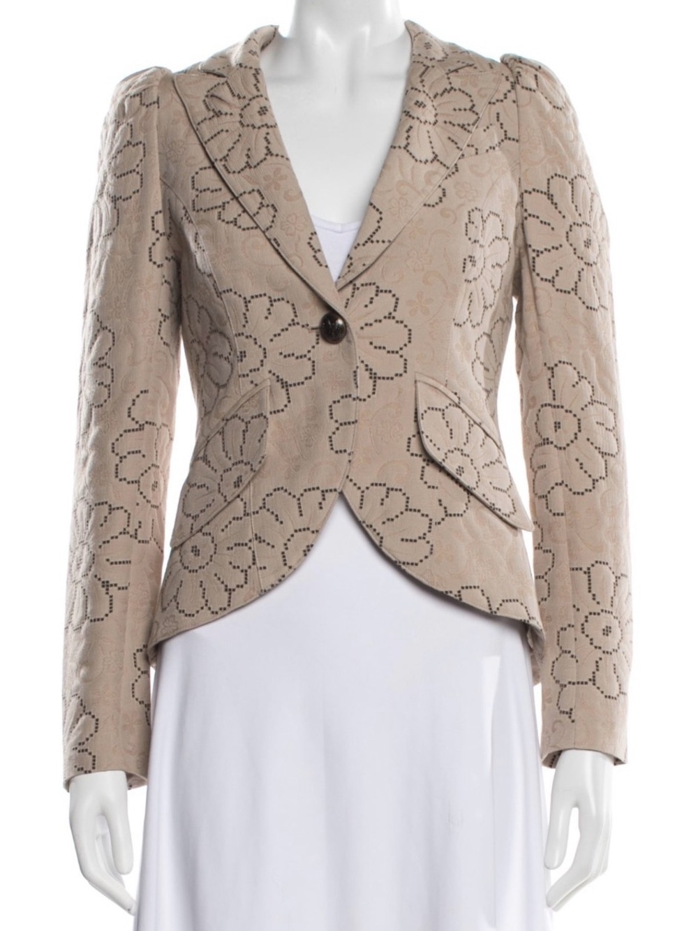 Smythe Taped Pouf Sleeve Blazer Floral Jacquard Beige size 2